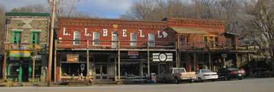 The red L.L. Bell boardwalk building in downtown Makanda the most hippie town in Illinois